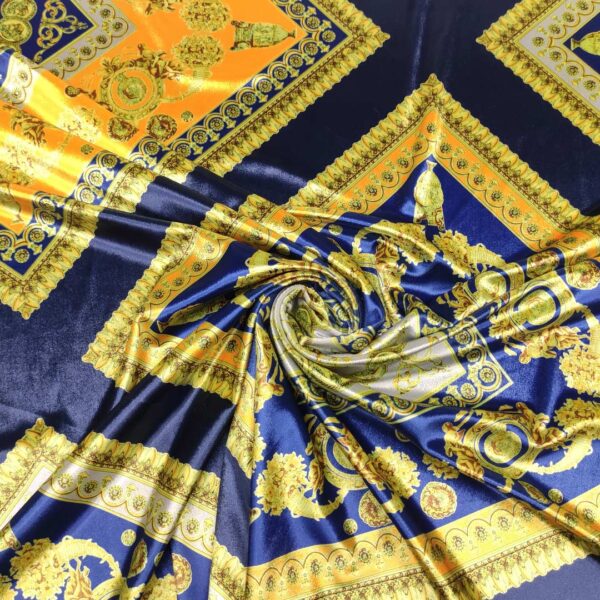 Tessuto velluto elasticizzato a fantasia motivo geometrico oro - blu - lime