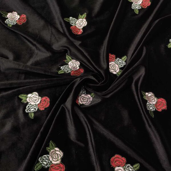Tessuto Velluto elasticizzato ricamato motivo floreale nero - rosso - verde