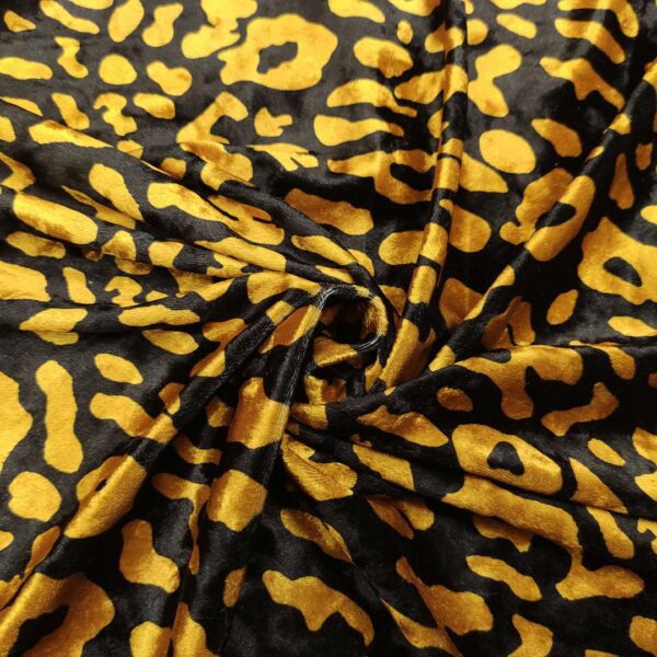 Tessuto Velluto elasticizzato a fantasia motivo animalier marrone - nero - oro