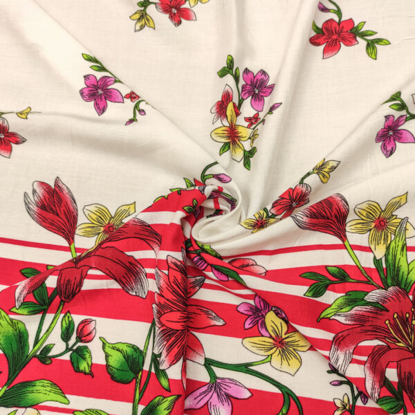 Tessuto Viscosa a fantasia motivo floreale ciliegia - fucsia - bianco