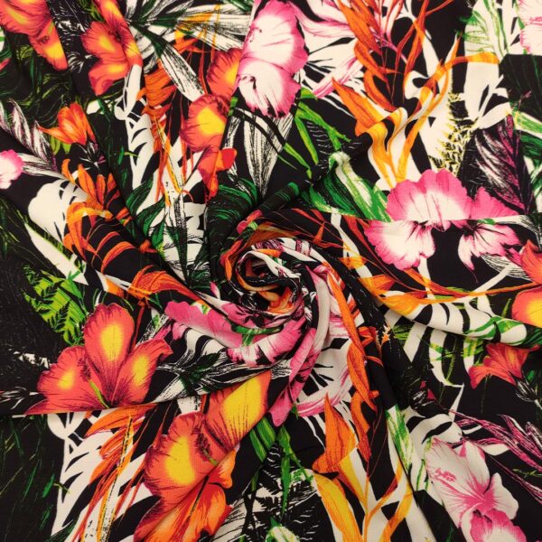 Tessuto Viscosa a fantasia motivo floreale nero - rosso - arancione - bianco - rosa