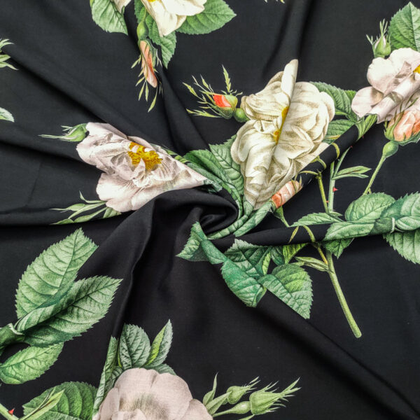 Tessuto Viscosa a fantasia motivo floreale nero - salvia - beige