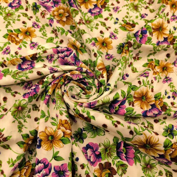 Tessuto Viscosa a fantasia motivo floreale ciclamino - verde - bianco
