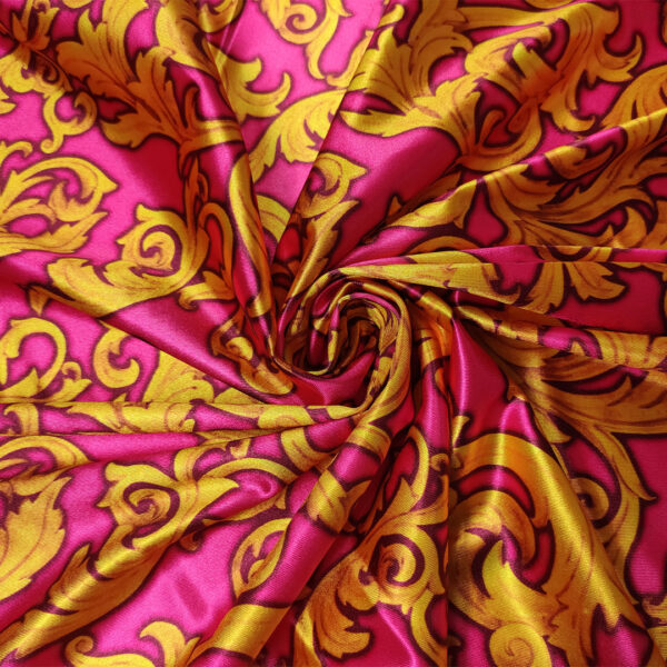 Tessuto Lycra lucida a fantasia motivo floreale barocco fucsia - giallo