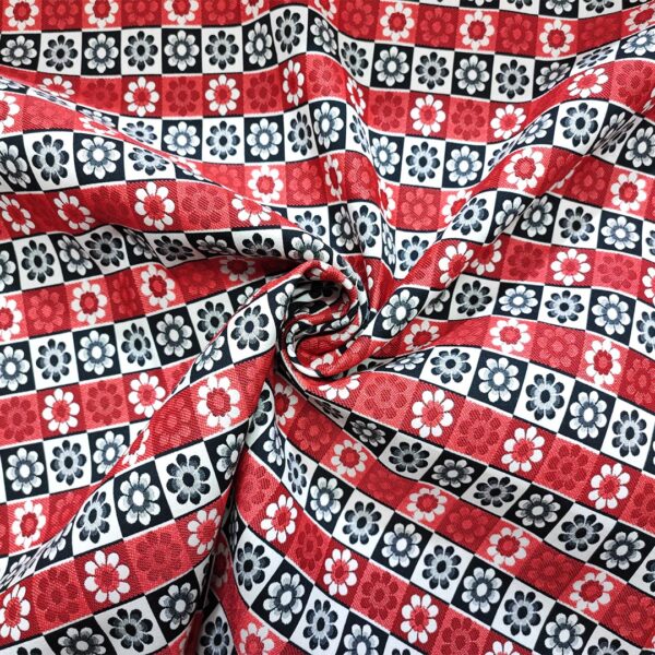 Tessuto Broccato in cotone motivo geometrico rosso - bianco - nero