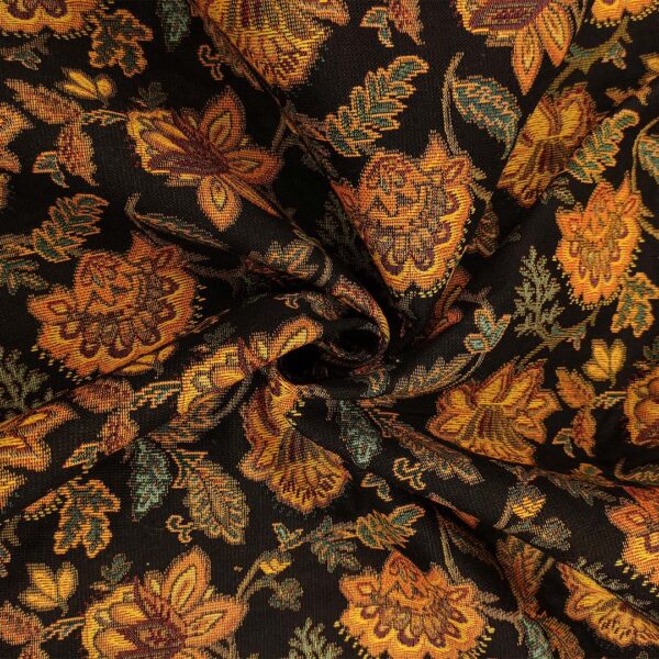 Tessuto Broccato in cotone a fantasia motivo floreale nero - arancio - verde