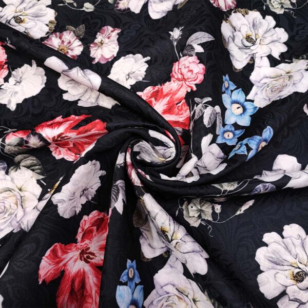 Tessuto Broccato in cotone a fantasia motivo floreale nero - rosso - bianco