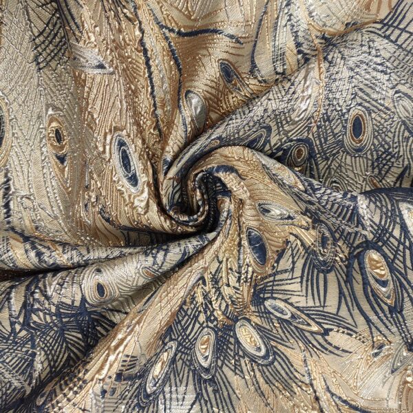 Tessuto Broccato in seta motivo astratto blu navy - oro - argento