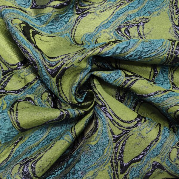 Tessuto Broccato in seta motivo astratto verde acido - blu - verde ottanio