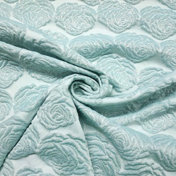 Tessuto Broccato motivo floreale acquamarina - oro - panna