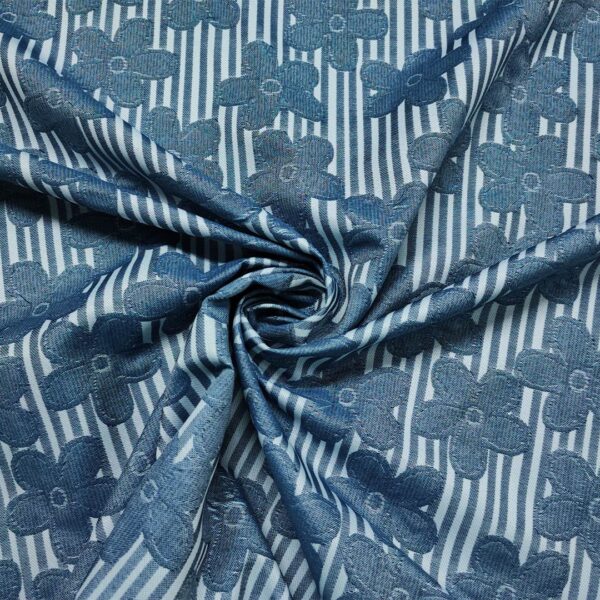 Tessuto Broccato motivo floreale rigato blu navy - bianco