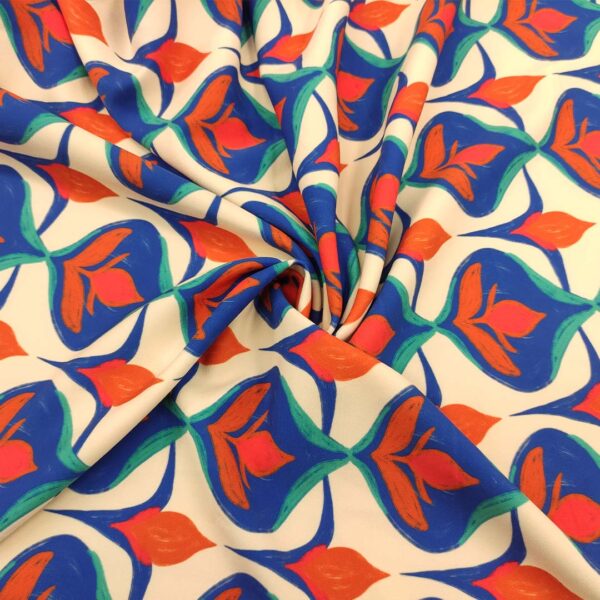 Tessuto Cady elasticizzato a fantasia motivo astratto panna - blu elettrico - arancio