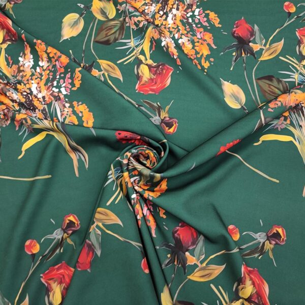 Tessuto Cady elasticizzato a fantasia motivo floreale verde bottiglia - senape - ruggine