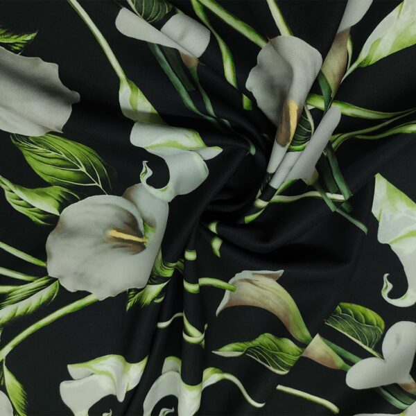 Tessuto Cady elasticizzato a fantasia motivo floreale nero - verde - tortora