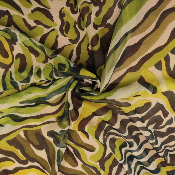 Tessuto Chiffon a fantasia motivo animalier nero - verde acido - verde militare