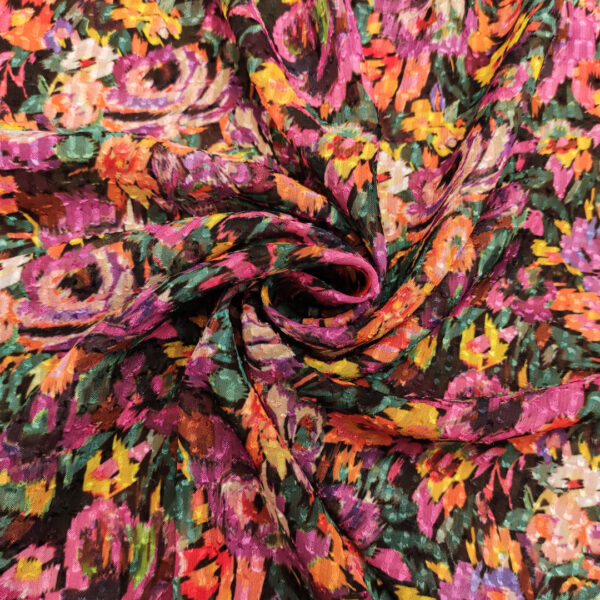 Tessuto Chiffon devorè a fantasia motivo astratto viola - verde - arancio