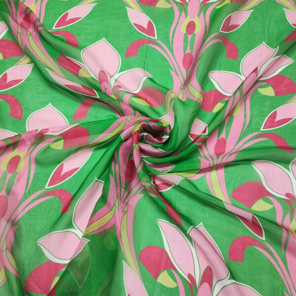Tessuto Chiffon in seta a fantasia motivo astratto verde prato - rosa - fucsia