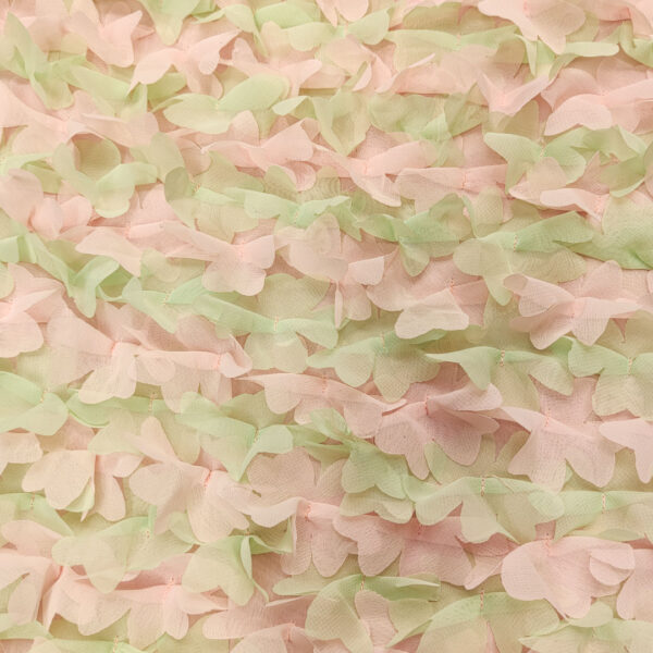 Tessuto chiffon ricamato con fiori in 3D rosa - verdino