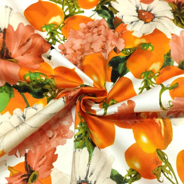 Tessuto Cotone a fantasia motivo floreale arancione - bianco - beige