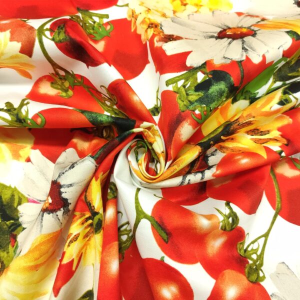 Tessuto Cotone a fantasia motivo floreale rosso - giallo - bianco