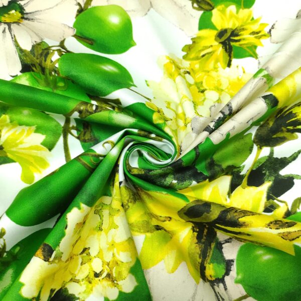 Tessuto Cotone a fantasia motivo floreale verde - lime - bianco