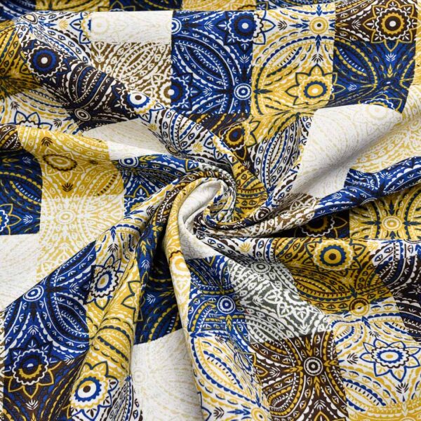 Tessuto Misto Cotone per arredamento a fantasia motivo etnico beige - blu