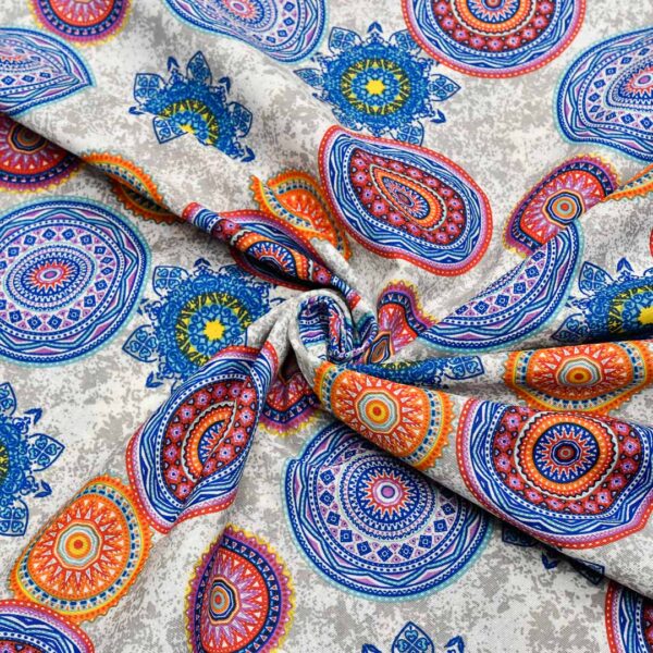 Tessuto Misto Cotone per arredamento a fantasia motivo etnico grigio - blu elettrico
