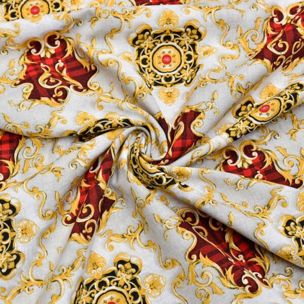 Tessuto Misto Cotone per arredamento a fantasia motivo floreale barocco rosso - beige