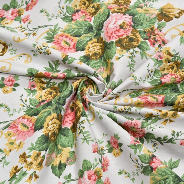 Tessuto Misto Cotone per arredamento a fantasia motivo floreale corallo - bianco - verde
