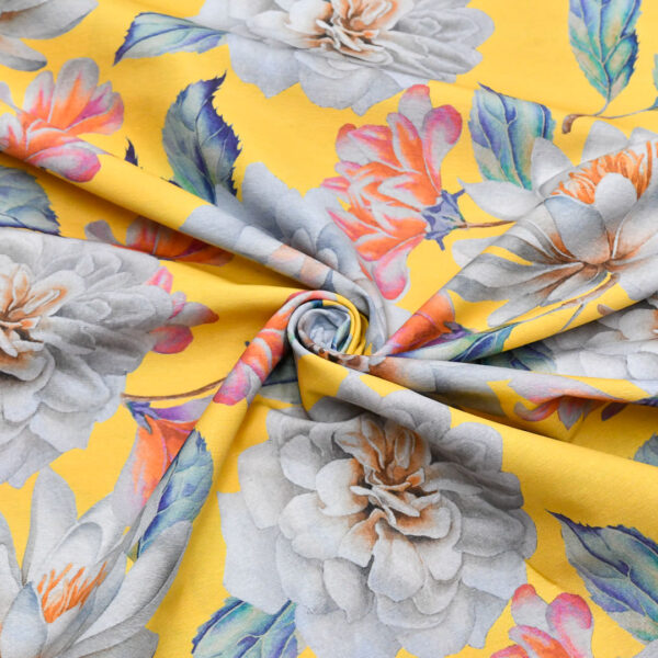 Tessuto Misto Cotone per arredamento a fantasia motivo floreale giallo - verde - pesca