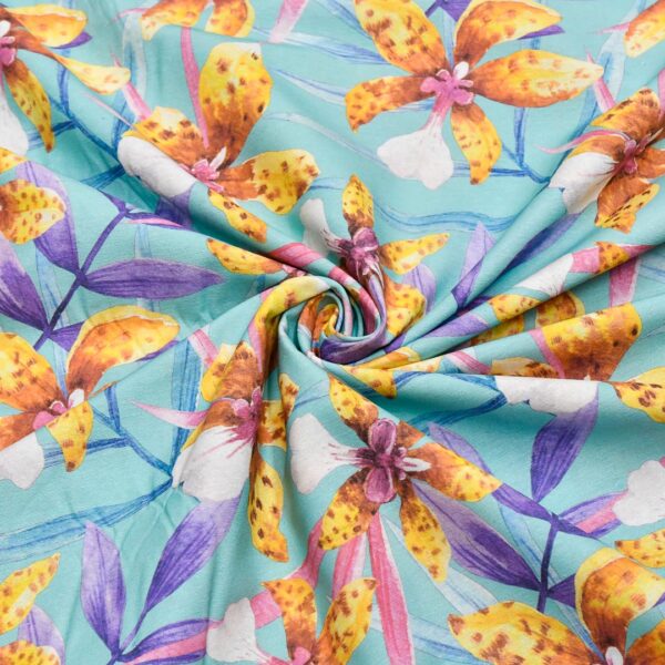 Tessuto Misto Cotone per arredamento a fantasia motivo turchese - giallo - viola