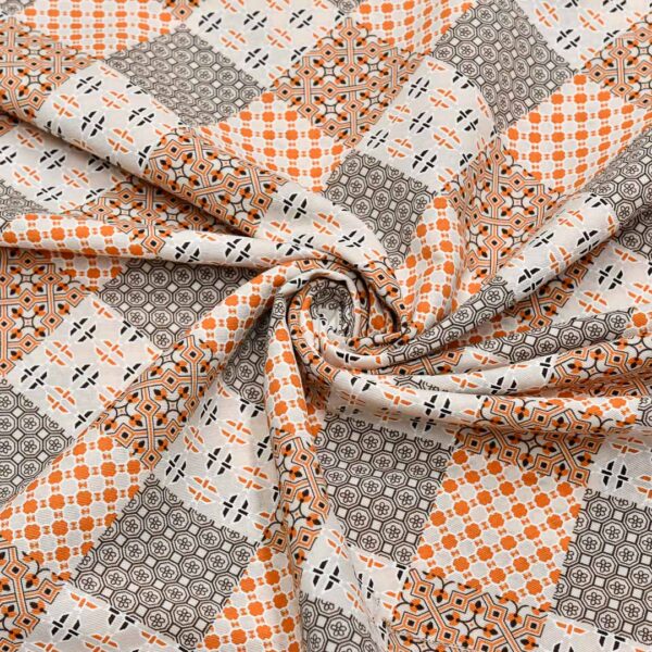Tessuto Misto Cotone per arredamento a fantasia motivo geometrico beige - arancione