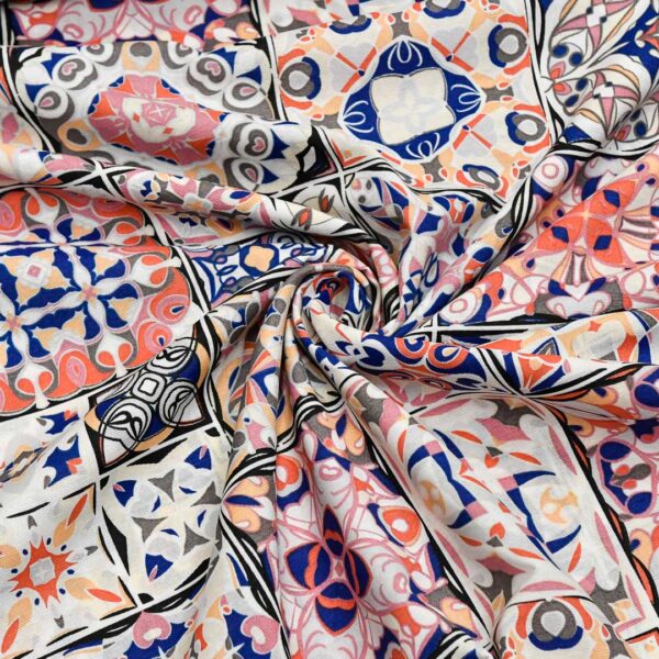 Tessuto Misto Cotone per arredamento a fantasia motivo geometrico blu - beige - arancione