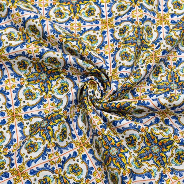 Tessuto Misto Cotone per arredamento a fantasia motivo geometrico blu elettrico - giallo