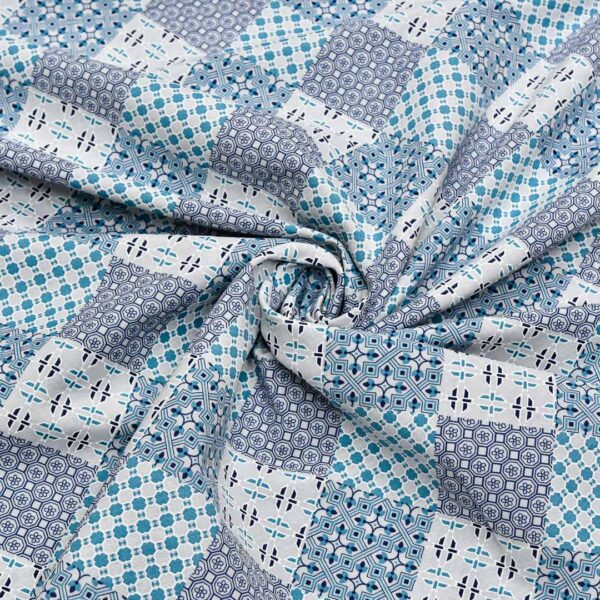 Tessuto Misto Cotone per arredamento a fantasia motivo geometrico turchese - grigio