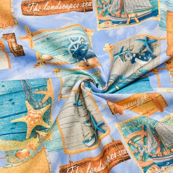 Tessuto Misto Cotone per arredamento a fantasia motivo marino celeste - beige