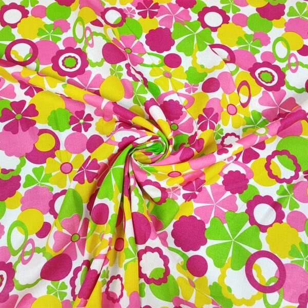 Tessuto Cotone leggero a fantasia motivo astratto fucsia - giallo - verde