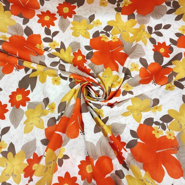 Tessuto Cotone leggero a fantasia motivo floreale arancione - tortora - ocra
