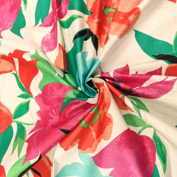 Tessuto Cotone leggero a fantasia motivo floreale bianco - corallo - smeraldo