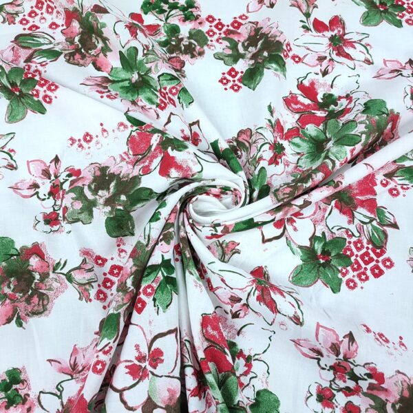 Tessuto Cotone leggero a fantasia motivo floreale bianco - rosso - verde
