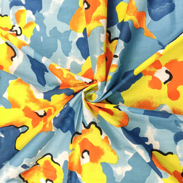 Tessuto Cotone leggero a fantasia motivo floreale celeste - blu elettrico - arancio