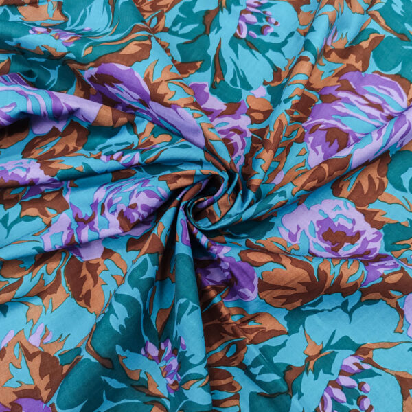 Tessuto Cotone leggero a fantasia motivo floreale ottanio - viola - marrone