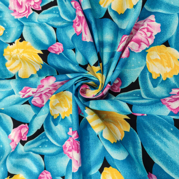 Tessuto Cotone leggero a fantasia motivo floreale turchese - fucsia - giallo