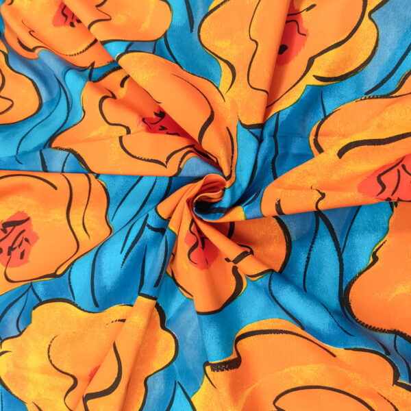 Tessuto Cotone leggero a fantasia motivo floreale turchese - nero - arancio