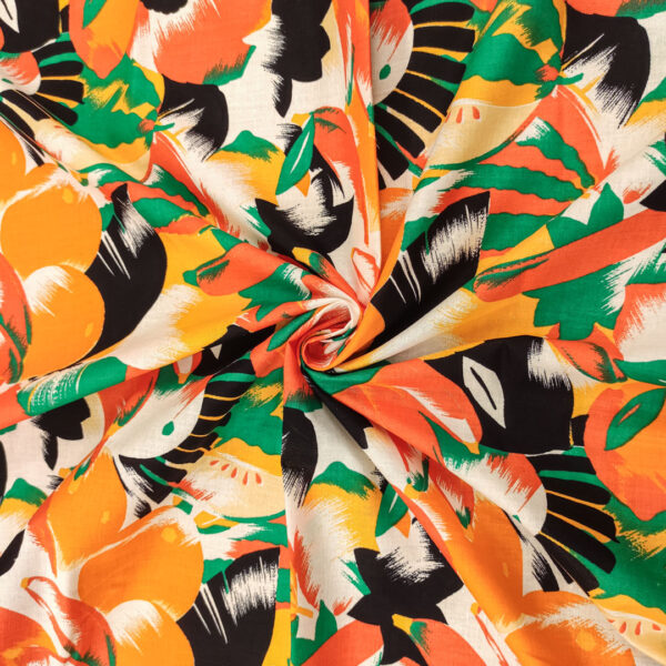 Tessuto Cotone leggero a fantasia motivo floreale verde - arancio - bianco