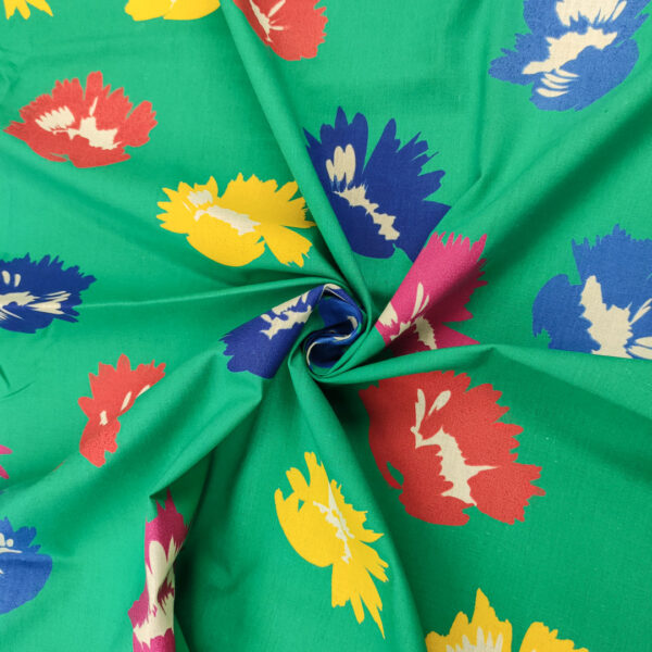 Tessuto Cotone leggero a fantasia motivo floreale verde - giallo - blu elettrico