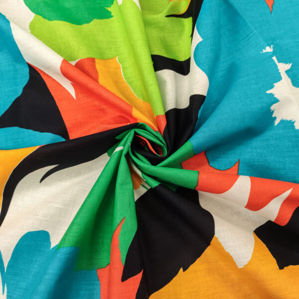 Tessuto Cotone leggero a fantasia motivo floreale verde - turchese - arancio