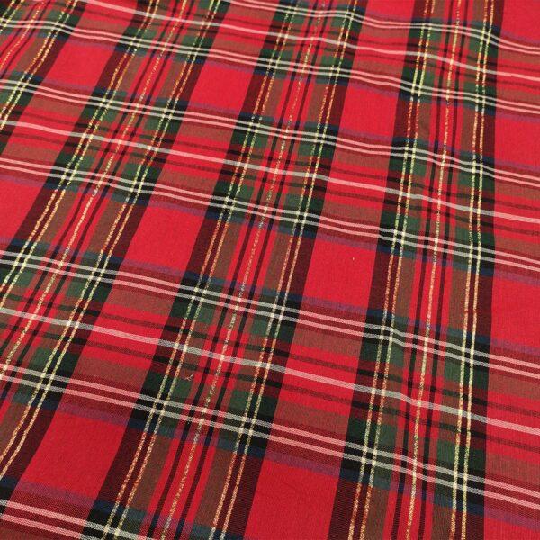 Tessuto Decorativo natalizio tinto in filo motivo tartan con filo lamè rosso - verde - blu - oro