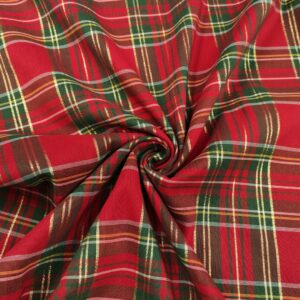 Tessuto Decorativo natalizio tinto in filo motivo tartan con filo lamè rosso - verde - oro