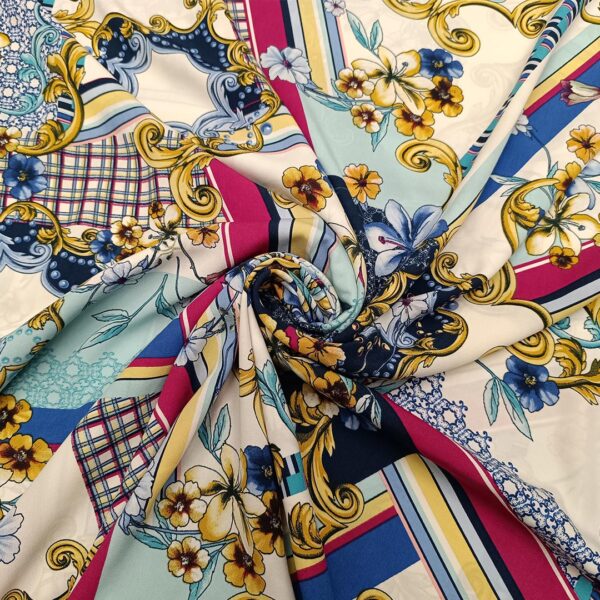 Tessuto Crepe elasticizzato a fantasia motivo astratto blu navy - orchidea - bianco